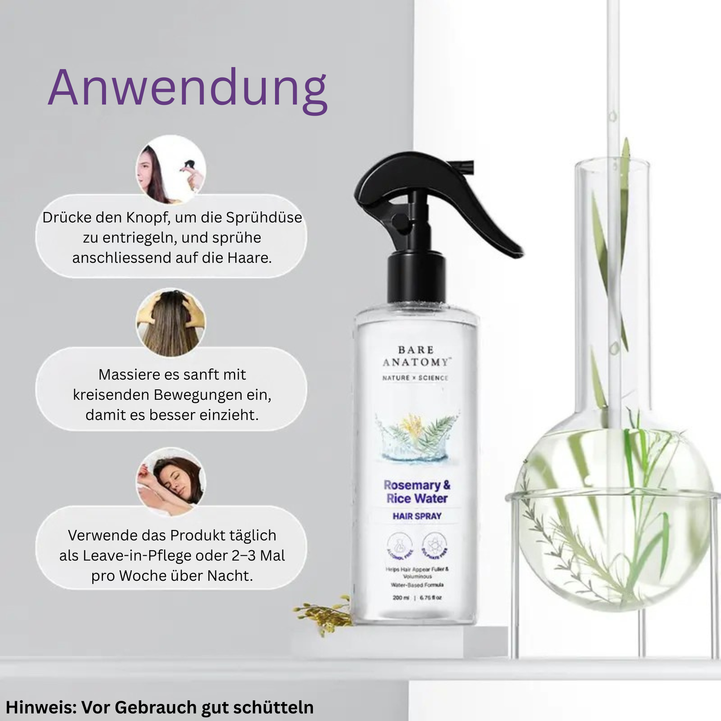 Rosmarinwasser mit Reiswasser Haar Spray